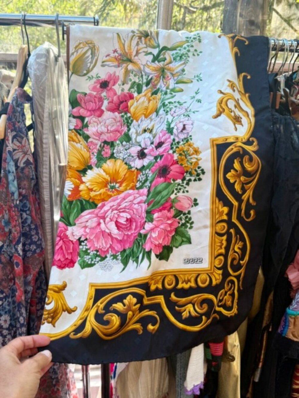 Vtg Silk Scark Black Gold Floral
